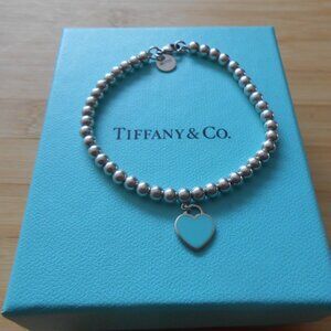 Tiffany and Co Sterling Silver blue enamel mini heart tag  beaded bracelet 65".